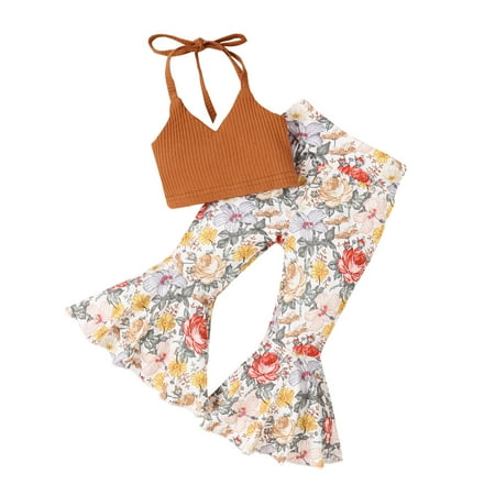 

Toddler Girls Sleeveless Floral Prints Vest Tops And Pants Bell Pants 2pcs Set Outfits Size 3 Years-3 Years