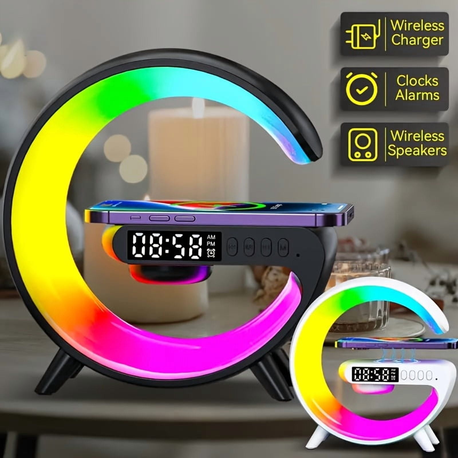 Multi-Function Wireless Charger Stand with Speaker, Alarm Clock, RGB Night Light for iPhone Samsung - Fast Charging Station, Halloween Christmas Gifts