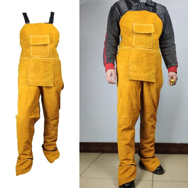 Delantal de material cuero para soldar - Delantal de seguridad trabajo de piel de vacuno dividida resistente al calor y a las llamas, color amarillo - 103cm