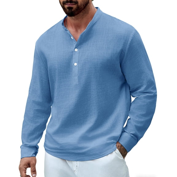 Shirt for Men, Mens Shirts for Summer Cotton V Neck Button Down Solid Casual Long Sleeve Pullover Tops Blue M
