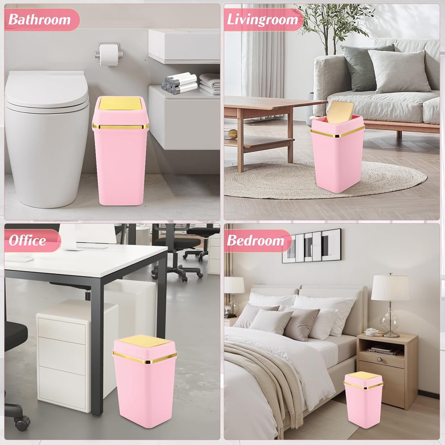 3 Pack 4 Gallon Bathroom Trash Can with Lid, Slim Small Garbage Bin for Kitchen Bedroom Office, White/Pink/Green
