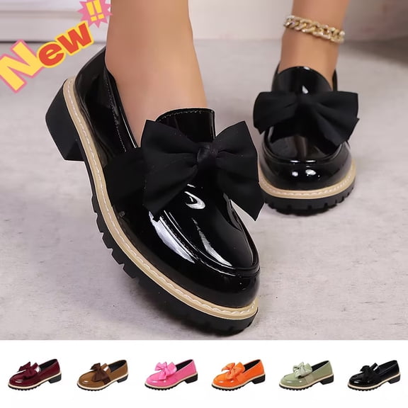 Taqqpue Women's Loafers, Work Office Business Casual Patent Leather Bowknot Thick Sole Shoes,Cushioned Sole for Daily,Elegant Round Toe Platform Non-Slip Lug Sole Dress Shoes for Women