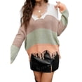 thumbnail image 3 of Xuanfei Women Striped Colorblock Deep V Neck Long Sleeve Fringed Ripped Crop Sweater, 3 of 7