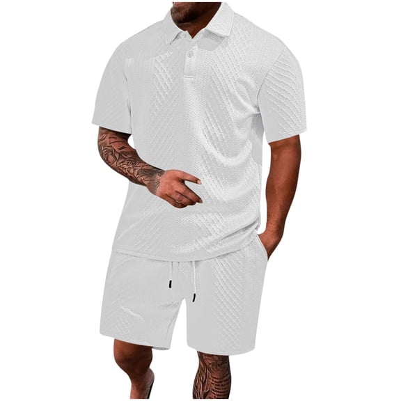 Purcolt 2 Pieces Outfits for Men Casual Textured Collared Golf Shirt and Shorts Tracksuit Summer Athletic Sport Matching Set for Jogging Gym Workout