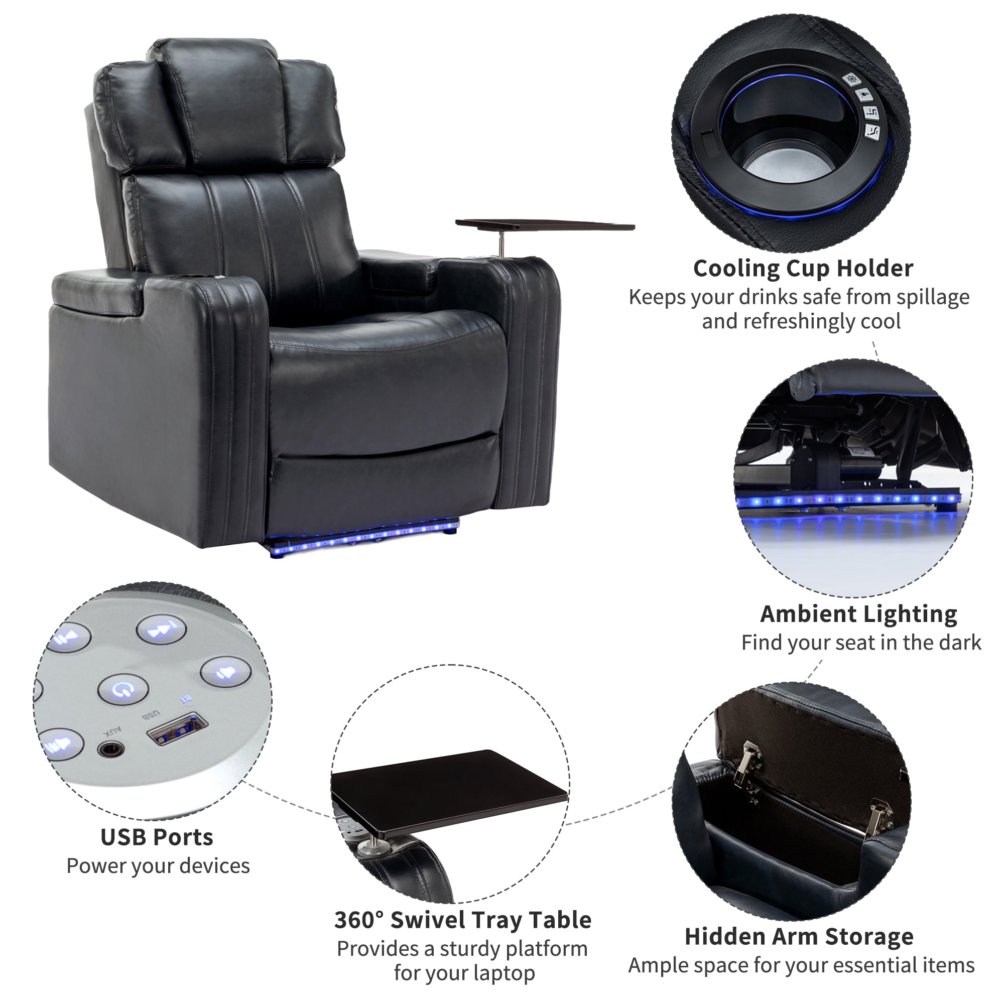 EUROCO PU Leather Home Theater Recliner,Power Recliner Adjustable Recliner with Bluetooth Speaker ,USB Ports, Tray Table, Arm Storage, footrest, Cup Holder and LED Lights, Black