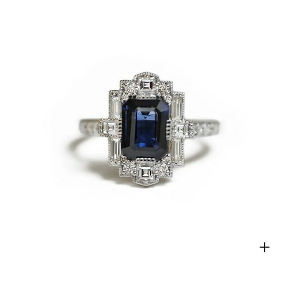 Emerald Cut Blue Sapphire Engagement Ring, Halo Diamond Wedding Anniversary Ring, Solitaire With Accents Diamond Ring, 14K White Gold Plated, 2.3 Ct Simulated Blue Sapphire and Diamond