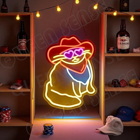 Queen Sense 16"x12" Cowboy Cat LED Neon Sign for Wall Decor Dimmable USB Powered LED Light W116CBC-5VLED
