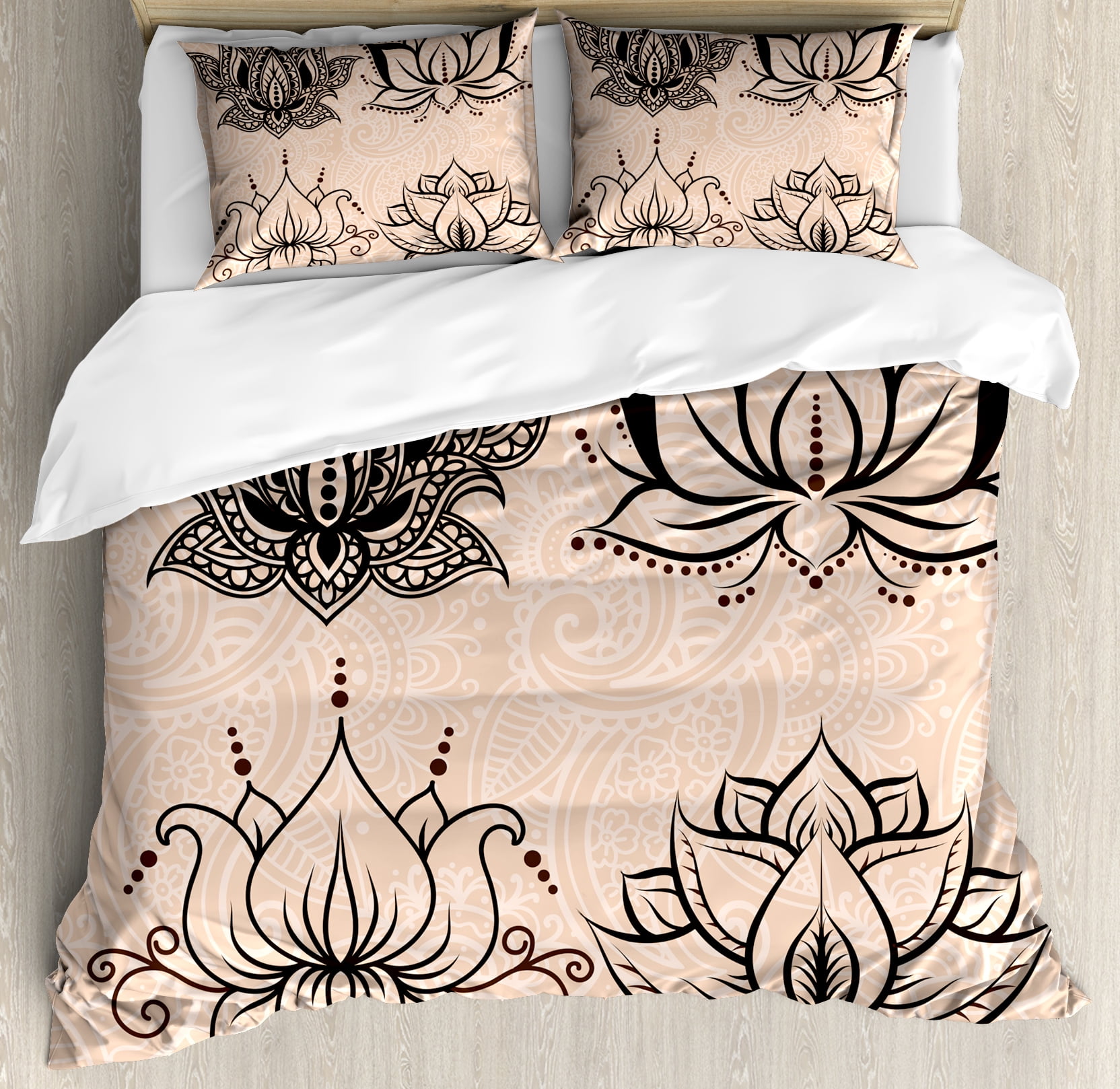 Henna Duvet Cover Set Ornamental Lotuses With Geometrical Elements Henna Duvet Cover Set Ornamental Lotuses With Geometrical Elements Swirls Curves And Circles Ilration Decorative Bedding Pillow Shams