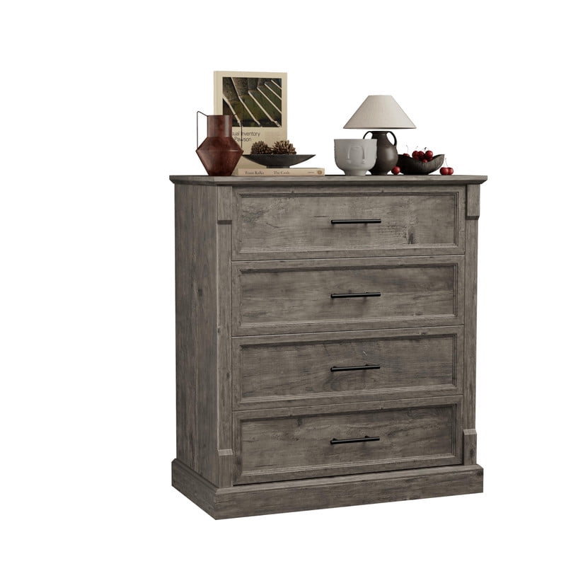 TROPOW Farmhouse 4 Drawer Dresser for Bedroom, Tall Chest of Drawers with Metal Handles, Rustic Wooden Dresser TV Stand, for Living Room, Hallway, Grey