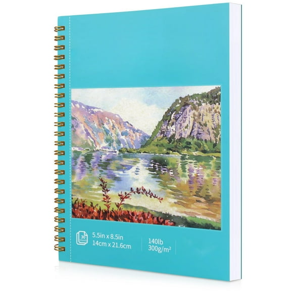 Watercolor Sketchbook 5.5 x 8.5 Inch, 30 Sheets Cold Press Paper 140lb/300gsm, Spiral Bound Pad for Mixed Media, Art Journaling, Markers, Painting, White