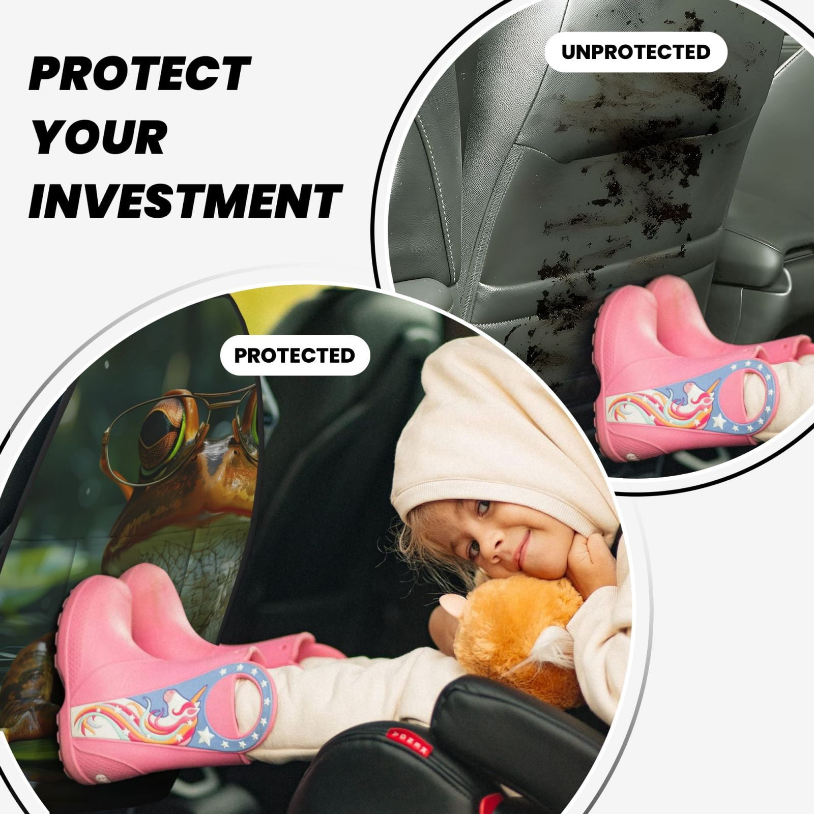 Kdxio Intellectual Frog Pond Print 2 Pack Car Kick Mat Seat Cover Back Protector Mat with Pockets for Organizer Backseat Protector and Storage Anti Kick Pad for Vehicles