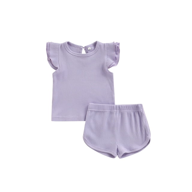 Honganda Baby Shorts Suit Rib Knit Flying Sleeve Tops + High Stretch Shorts