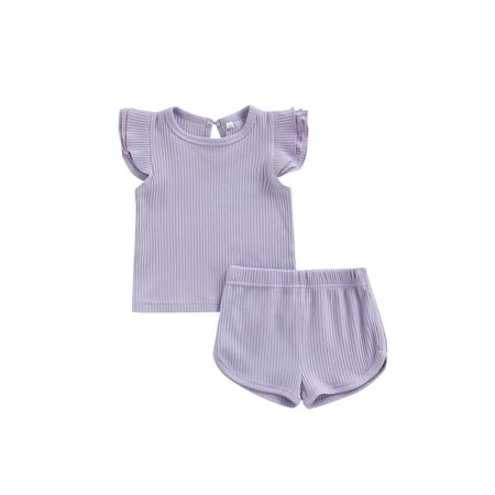 

TheFound Toddler Baby Girl Summer Outfit Fly Sleeve Solid Color Ribbed Kint Top Shorts Set 2Pcs Clothes