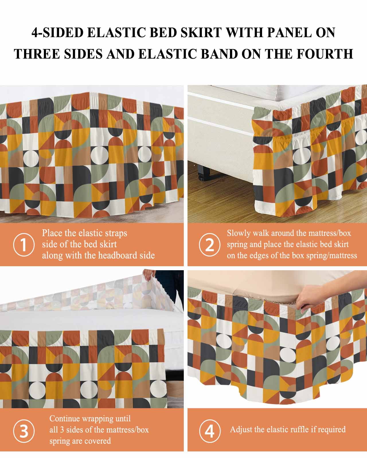 Nordic Retro Ruffle Bed Skirt California King Size Orange Black White Geometric Abstract Art Adjustable Elastic Dust Bed Skirts Wrap Around Bedskirt Wrinkle Free Easy Fit with 16 Inch Drop