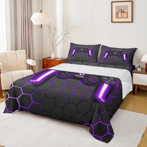 Manfei Cartoon Console Twin Sheet Sets,Modern Video Game Twin Fitted Sheet,Purple Geometric Honeycomb Flat Sheet For Boys Teens,Super Cozy Room Decor,3-Piece