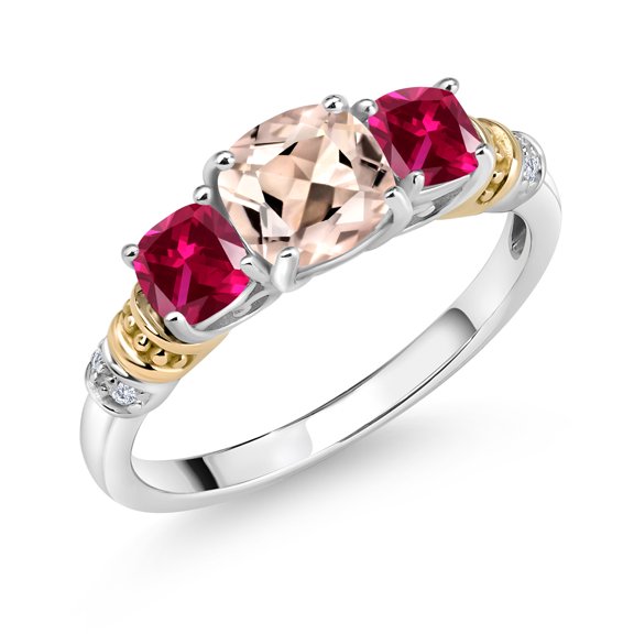 Gem Stone King 925 Silver and 10K Yellow Gold Peach Morganite and Red Created Ruby and Diamond 3-Stone Ring for Women (1.58 Cttw, Gemstone October Birthstone, Cushion 6MM and 4MM, Size 9)