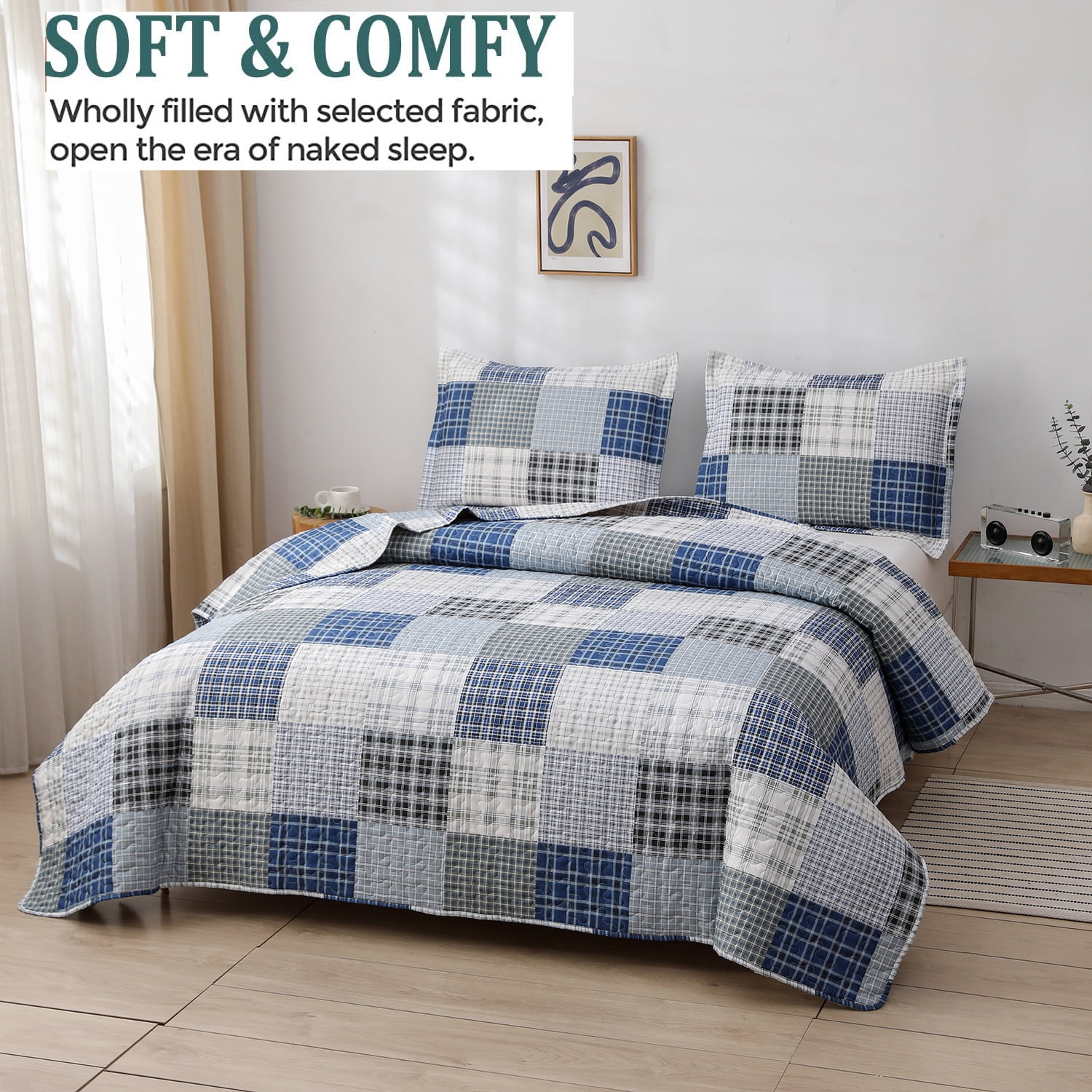 3 Piece Quilt Set King Size Bedspread Coverlet Mens Plaid Patchwork Bedding Reversible Quilt Queen Microfibers Bedspread Coverlet Lightweight Bedding for All Season Black Blue
