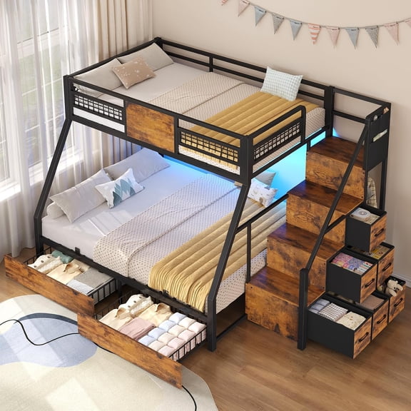 Afuhokles Twin Bunk Bed with Storage Stairs, 2 Drawers and 6 Fabric Drawers, LED Lights, Metal Frame, Black