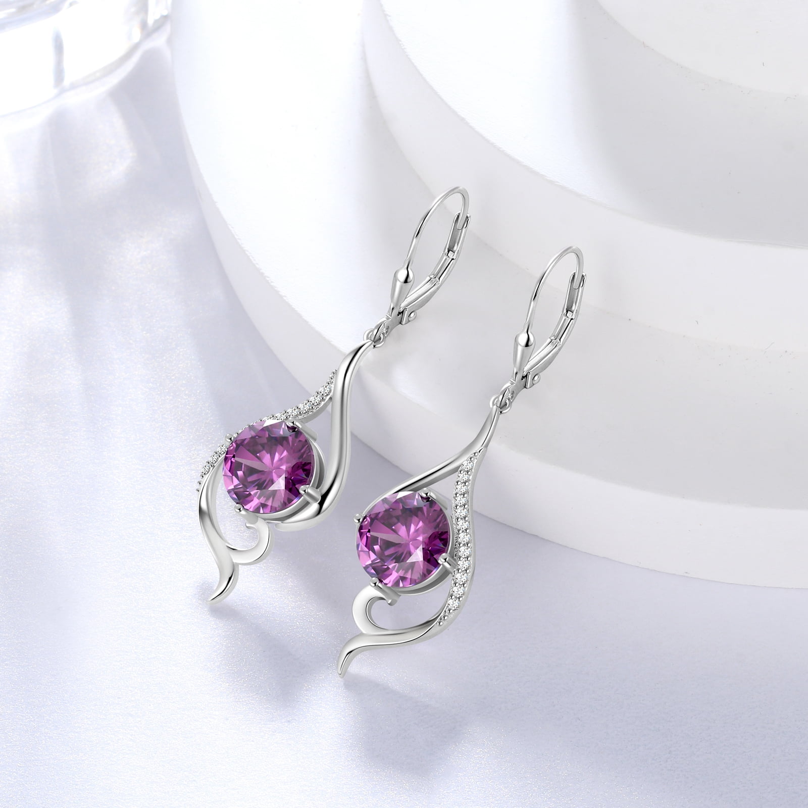 Juwaliy Women Drop Earrings February Birthstone Amethyst Purple Hanging Leverback Earring Sterling Silver Jewelry Christmas Birthday Valentine's Day Gift for Her/Wife/Mom