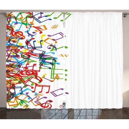 colorful home decor curtains 2 panels set, trippy style music notes with  clef rhythm tempo melody harmony print, window drapes for living room