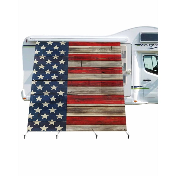 4th of July RV Awning Sun Shade Screen 9'X7' USA Flag Mesh Sunscreen Patriotic Stars Stripes Retro Wood Grain Awning Shade Screen with Zipper UV Blocker Completed Kits for RV Motorhome Camper