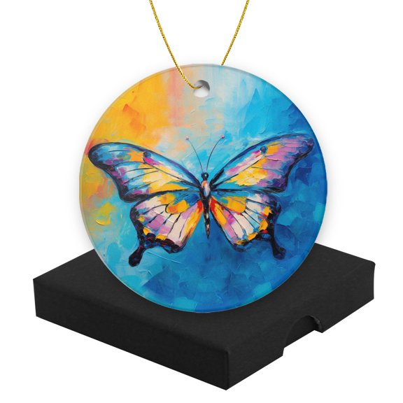 Christmas Ornament Round Ceramic Keepsake Holiday Present Christmas Decoration for Tree 2.95inBeautiful Colorful Butterfly on Blue And Yellow Background
