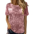 thumbnail image 2 of Laqbezok Women's Shiny Sequin Short Sleeve Top, Pullover Puff Sleeve Patchwork Blouse, Casual Sparkly Party Outfit, 2 of 6