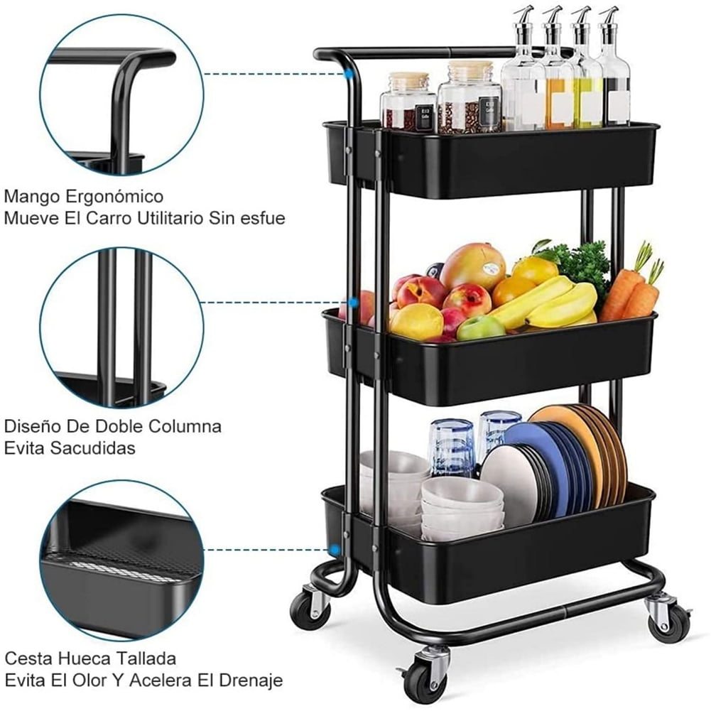 Kadyn 3 Tier Utility Carts with Lockable Wheels, Metal Rolling Cart with Handle, Storage Organizer Trolley Cart for Bathroom, Black Kadyn 3 Tier Utility Carts with Lockable Wheels, Metal Rolling Cart with Handle, Storage Organizer Trolley Cart for Bathroom, Black