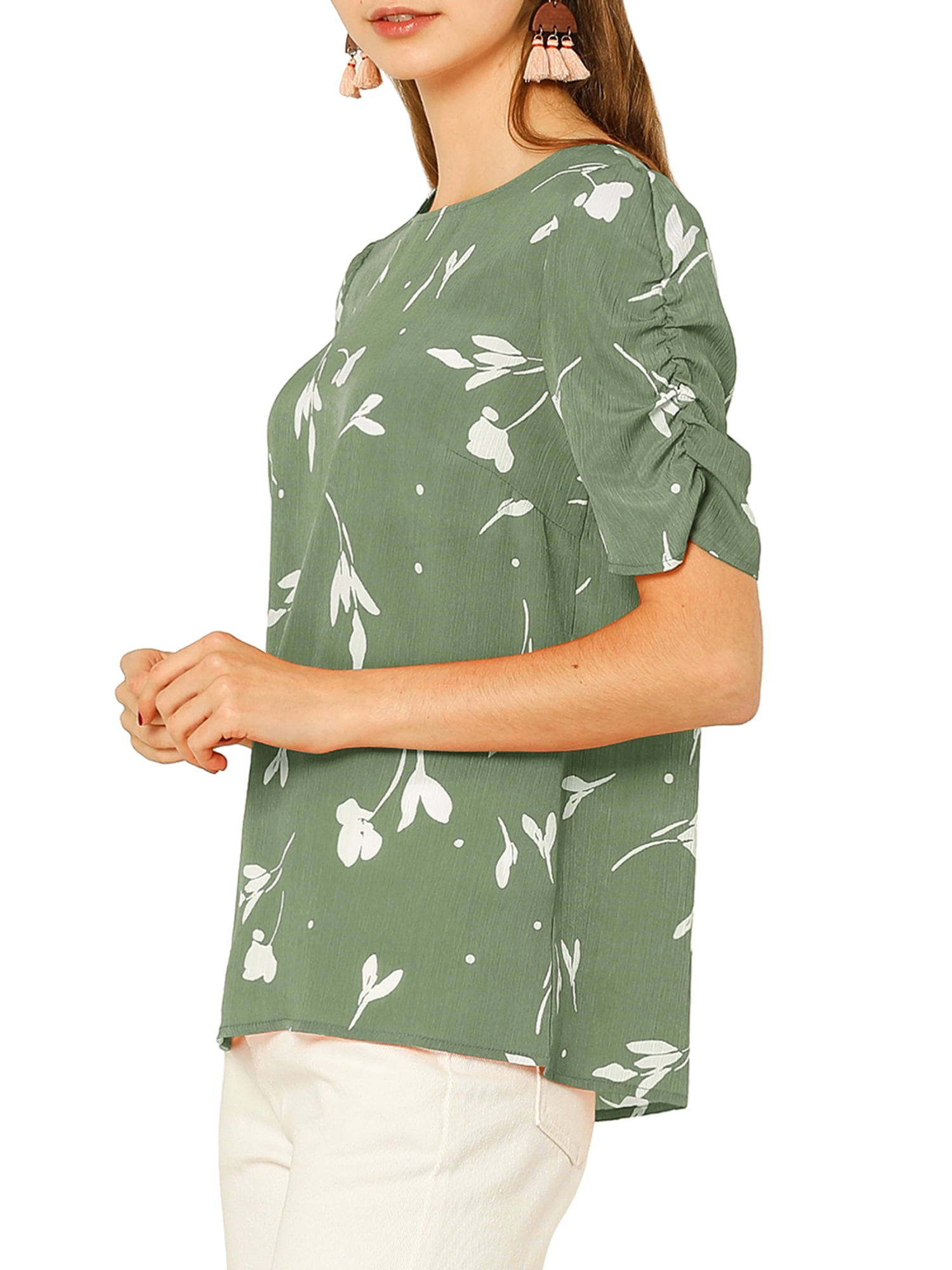 DARING DIVA Floral Crew Neck Shirred Short Sleeve Casual Top XS Green