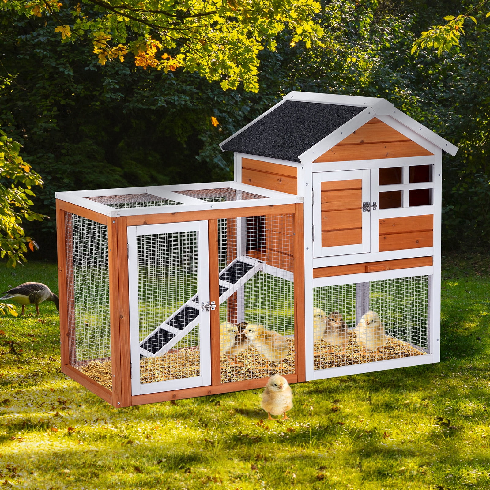ZHICHUN Wooden Rabbit Hutch with Run Indoor Outdoor Bunny Cage Guinea Pig House with Pull Out Tray Orange