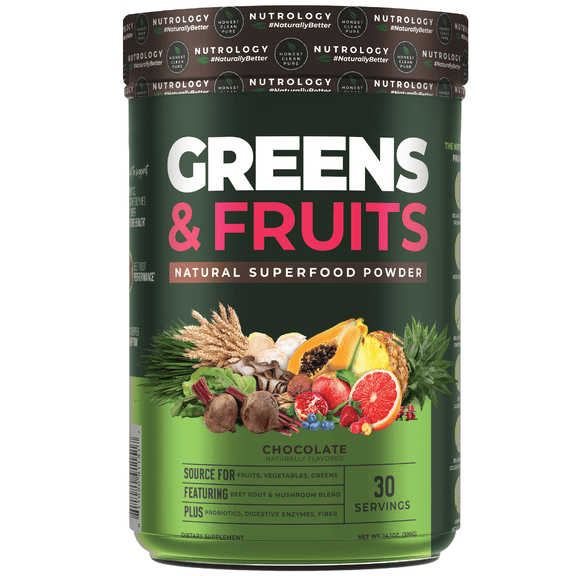 Nutrology's Greens & Fruits-Naturally Sourced Fruits, Vegetables, Greens, Beet Powder & Mushroom Blend-Probiotics, Digestive Enzymes, Fiber, Antioxidants, Immune Support - Chocolate Taste-30 Servings