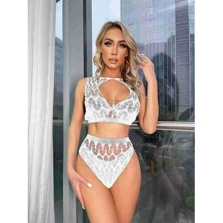 Generic Sexy Lingerie Three-Point Sheer Cutout Fishnet Clothes Lace New Style Jumpsuit Two-Piece Set