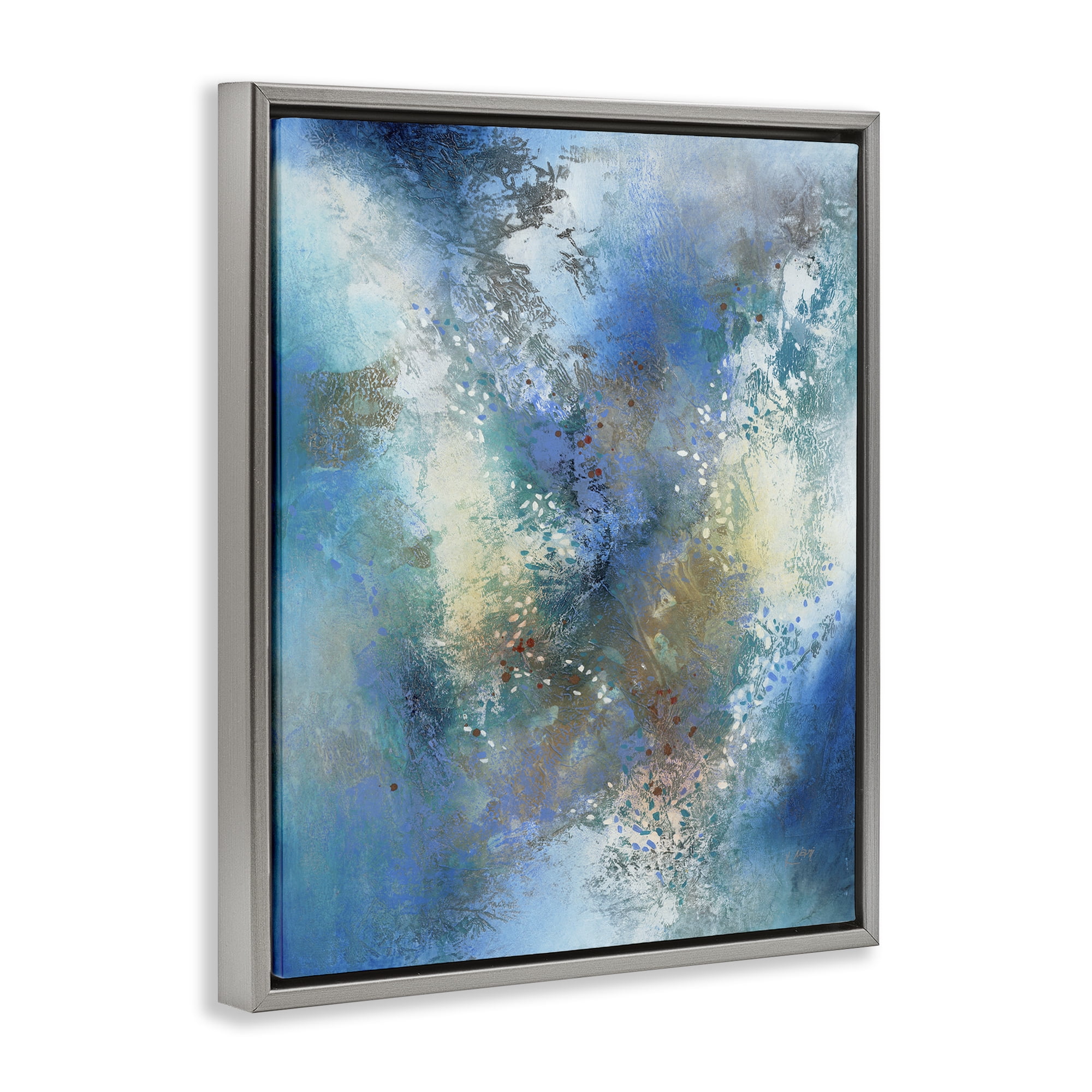 Stupell Industries Fluid Blue Abstraction Abstract Painting Gray Floater Framed Canvas Art Print Wall Art, 17 x 21