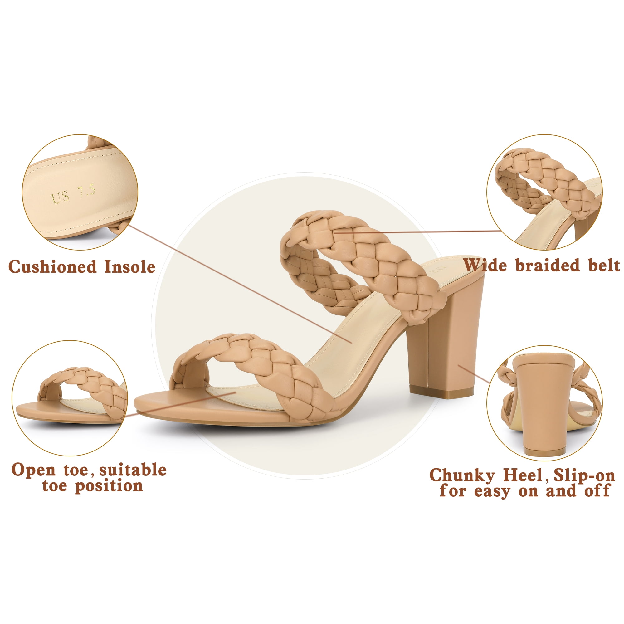 DARING DIVA Women's Braided Heeleds Slip on Chunky Heel Slides Sandals Nude 8.5
