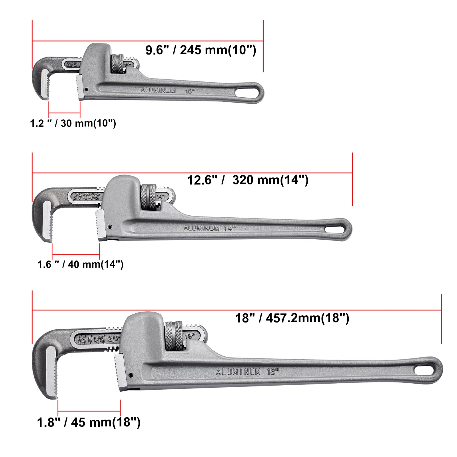 3-Piece Adjustable Aluminum Pipe Wrench Set with 10",14",and 18" Wrenches,High Strength Jaws,Ergonomic Handles for Plumbing and Automotive Repairs