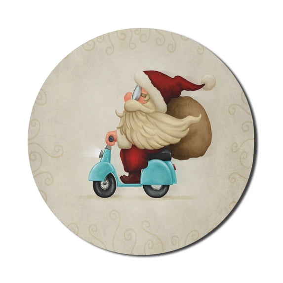 Christmas Mouse Pad for Computers, Old Santa Claus Delivering Presents on His Motorcycle Swirled Lines Frame, Round Non-Slip Thick Rubber Modern Mousepad, 8" Round, Red Tan Pale Blue, by Ambesonne