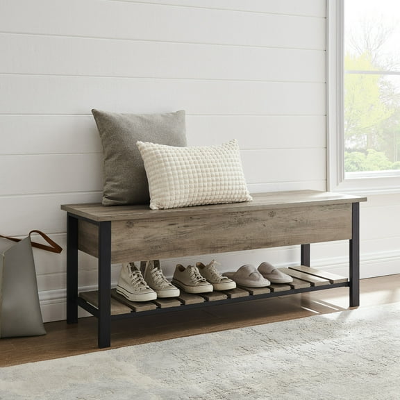 48" Rustic Modern Farmhouse Storage Bench with Shoe Shelf - Multiple Finishes