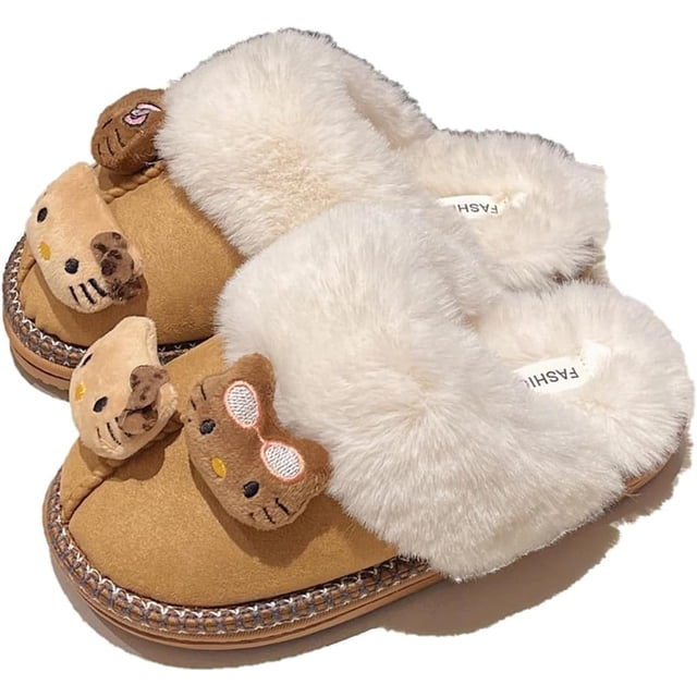 Zapatillas lindas de gatito para mujer, pantuflas suaves de felpa cálidas con diseño de gato Kawaii, pantuflas acogedoras para interiores y exteriores,Khaki,8.5-9.5