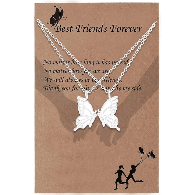 Collar de amistad para 2 mejores amigas, niñas, lindo collar de corazón, regalos de joyería, collares para mejores amigas para mujeres (mariposa plateada)
