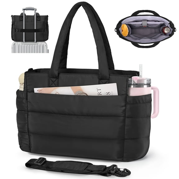 RAINSMORE Tote Bag for Women with Cup Holder, 15.6 inch Quilted Laptop Handbag for Work Travel, Teacher Puffer Work Bag,Black