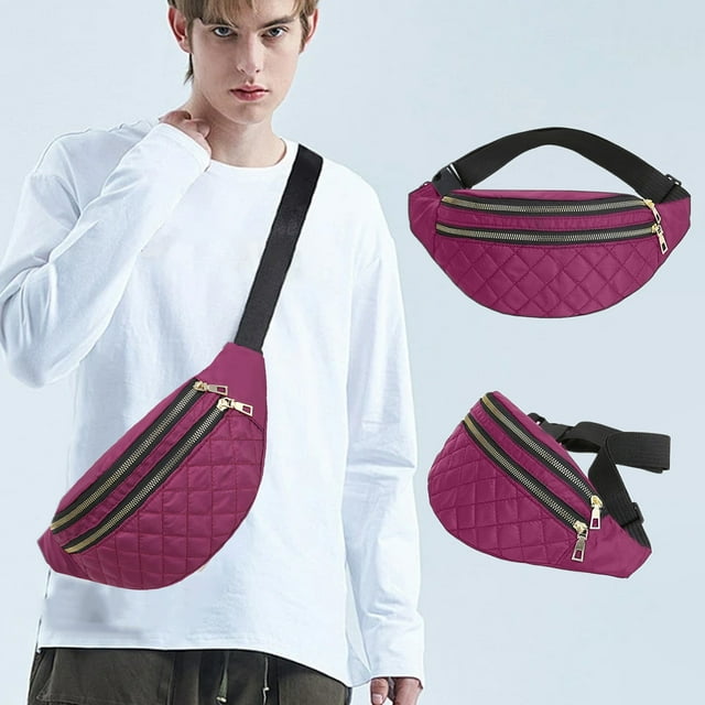 Cinturón de cangurera para mujeres hombres | 2 bolsillos con cremallera, correa ajustable, cintura grande o bandolera | Poliéster ligero Rojo Azul Rosa Gris Púrpura, 12,5"x5,9" | Seguro, versátil
