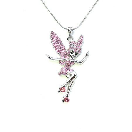 Fairy Tinkerbell Necklace - Gorgeous Crystal Fairy Tinkerbell Pendant Necklace - Pink