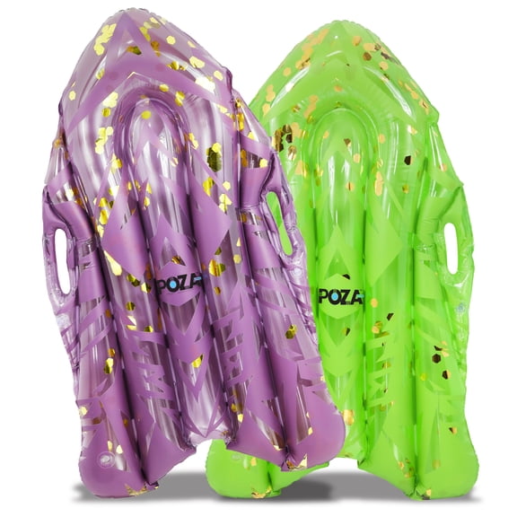 POZA Set of 2 Purple Gold and Green Gold Inflatable Body Boards - Sparkly Bodyboard Pool Float with Handles, Surfing Board for Swimming Toys for Kids, Boogie Boards for beach Activities - 56 Inches