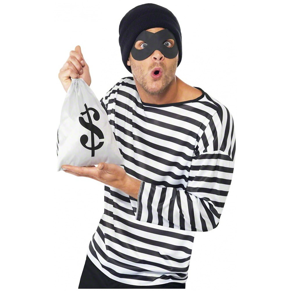 Adult BURGLAR Robber Convict Thief Prisoner Fancy Dress Costume MASK HAT BAG 