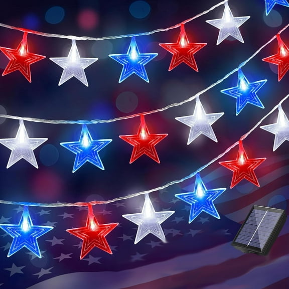 Twfbrm 4th of July Star String Lights, 21.3 Ft 30 LED Red White and Blue Star Shaped Hanging Lights, Solar Powered Waterproof Decorative Fairy Light Patriotic Decorations for Garden Porch Patio