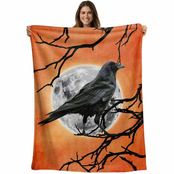 Flannel Fleece Throw Blanket Halloween Crow Moon Orange Gradient Lightweight Soft Plush Blankets,Dead Branches Cozy Warm Throw Blanket for Couch Sofa Bed Car Office All Season Use 40x50in