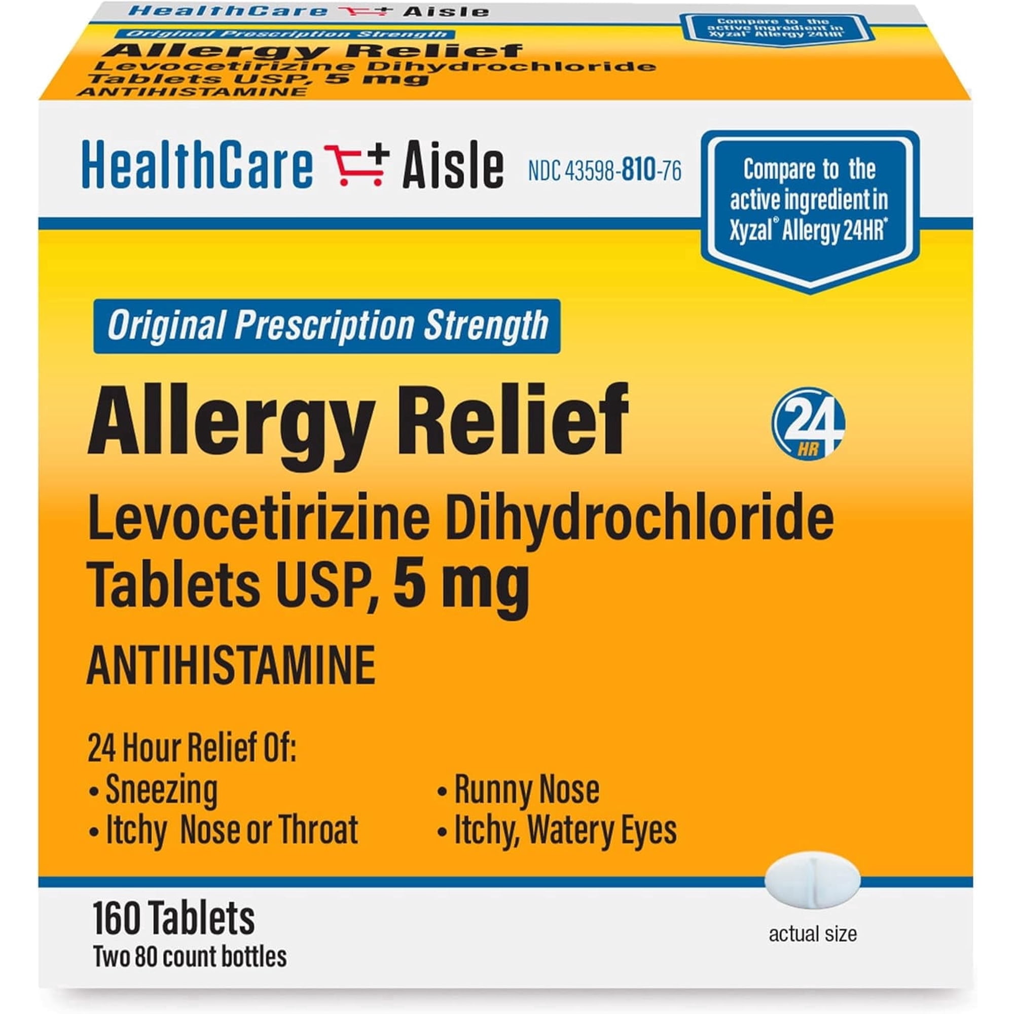 HealthCareAisle Allergy Relief - Levocetirizine Dihydrochloride Tablets USP, 5 mg, 160 Tablets, Original Prescription Strength Allergy Medication, 24-Hour Relief, 80 Count (Pack of 2)