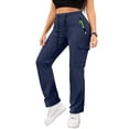 thumbnail image 4 of Women's High Waisted Wide Leg Cargo Pants - Drawstring with Pockets Work Casual Trousers, Navy Blue Size XL, 4 of 5