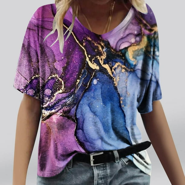 Fiudx Camisetas para Mujer Camisetas Holgadas de Manga Corta con Cuello En V Informales con Estampado de Moda para Mujer