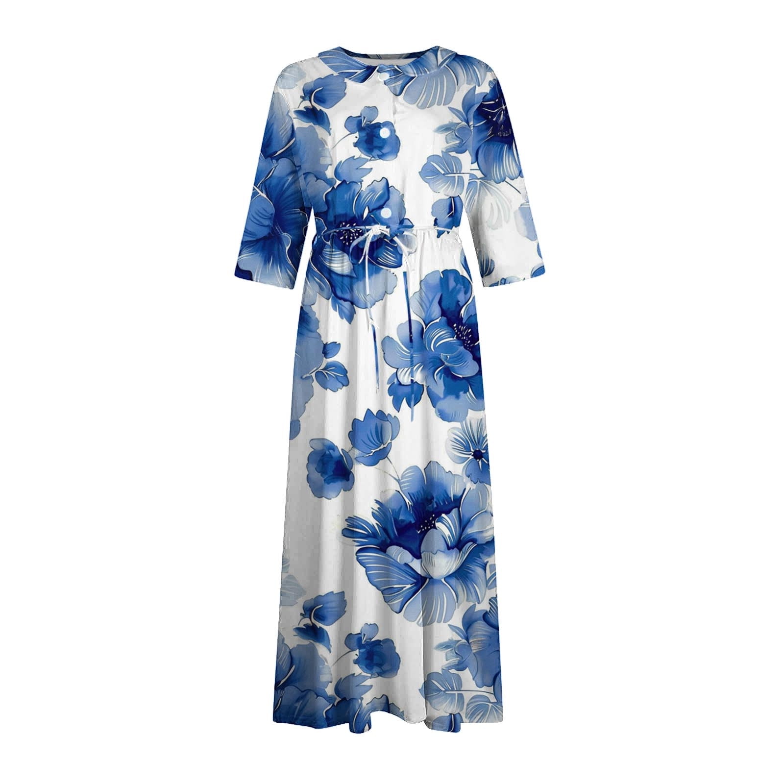 HAPIMO Women's Workout Floral Boho 3/4 Sleeve Spring Elegant Casual Drawstring Lapel V Neck Button Flowy Fall Dress Summer Tea Length A Line Dress Fashion Blue M